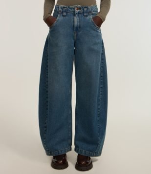 Calça Barrel em Jeans com Bolso Diferenciada Azul
