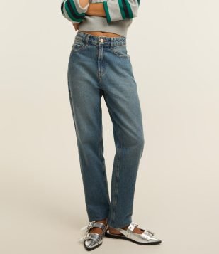 Calça Mom Jeans com Cintura Alta e Lavagem Dirty Azul