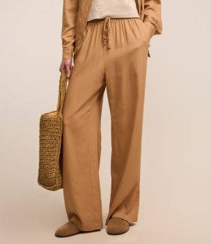 Calça Reta em Viscose e Linho com Elástico e Amarração no Cós Bege