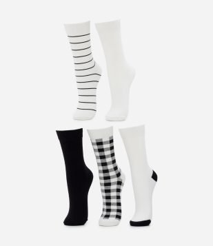 Kit 05 Meias Cano Alto em Algodão com Estampa Xadrez e Listras Preto-Branco
