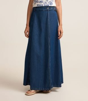 Saia Longa em Jeans com Cinto Afivelado e Transpasse Azul