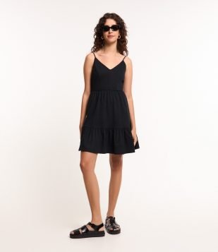 Vestido Curto em Algodão com Recorte e Alcinhas Finas Preto