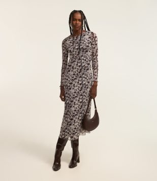 Vestido Long Midi em Tule com Estampa Floral Cinza