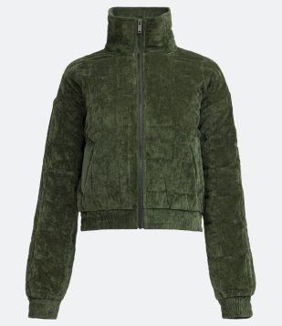  Jaqueta Bomber Puffer em Veludo com Bolsos e Zíper Frontal Verde 