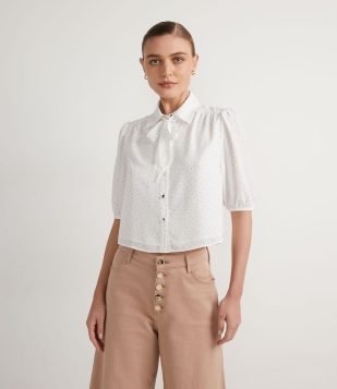  Camisa em Crepe com Estampa Poá e Amarração na Gola Branco 