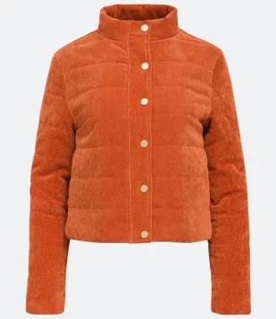  Jaqueta Puffer em Veludo com Gola Alta e Bolsos Marrom 