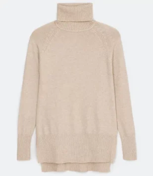  Blusão Suéter com Gola Alta em Tricô e Detalhes Canelados Bege 