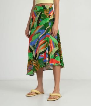  Saia Midi em Viscose com Abotoamento Lateral e Estampa de Folhagem Multicores 