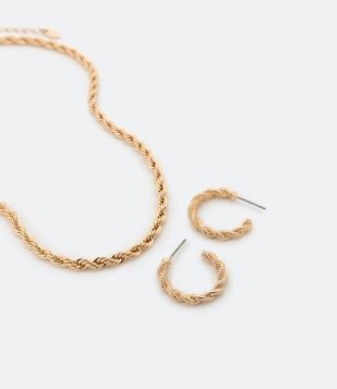  Conjunto Brinco e Colar em Metal com Efeito Trançado Dourado 