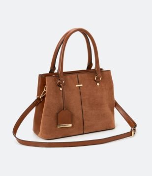 BOLSA SATCHEL COM ALÇA DE MÃO E COSTURA CENTRAL MARROM