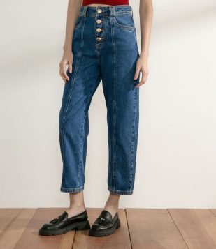 Calça Reta Jeans com Costura Contrastante Azul 