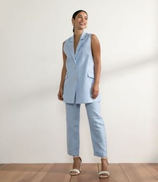  Colete Alongado em Viscolinho com Bolsos Azul 