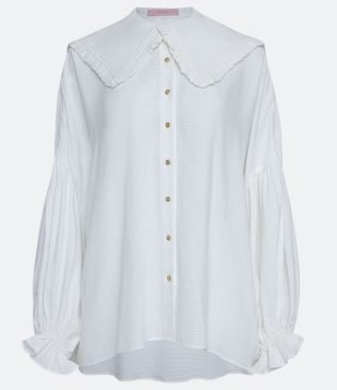 Camisa Ampla em Viscose com Gola Boneca e Babado nas Mangas Branco 