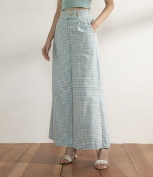  Calça Pantalona em Algodão com Cintura Alta e Padronagem Xadrez Azul 