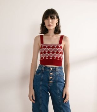  Blusa Regata Cropped em Tricô com Alças Largas Vermelho 