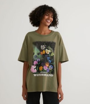 Blusa Alongada em Algodão com Estampa Floral e Escrita Verde