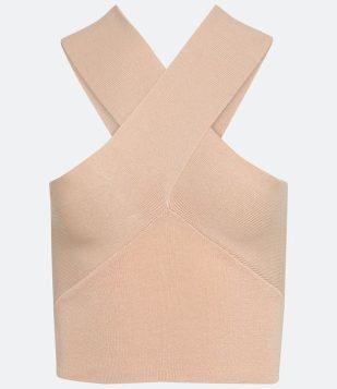 Blusa Curta em Tricô com Decote Cruzado e Busto Marcado Marrom