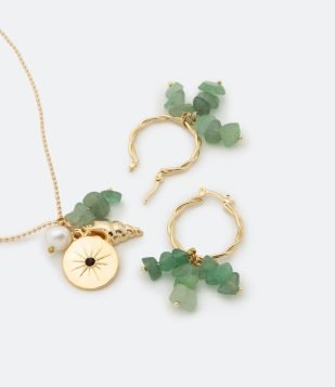 Conjunto Brinco e Colar Médio com Pingentes de Pedrinhas Verde