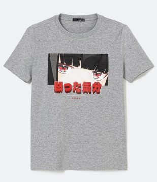 Blusa Alongada em Algodão com Estampa Frontal Olhos Mangá Frame Cinza
