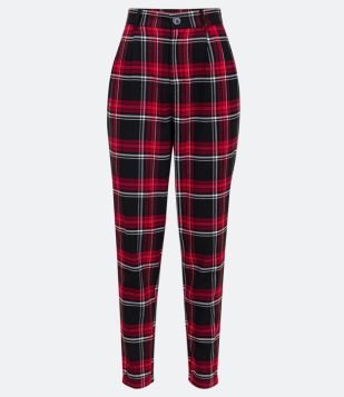 Calça Alfaiataria com Estampa Xadrez Vichy e Barra Italiana Vermelho