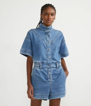  Macaquinho Jeans com Gola Alta e Botões Frontais Comfy Azul 