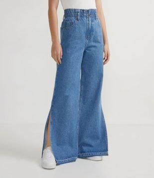  Calça Wide Leg Jeans com Elástico no Cós Azul 