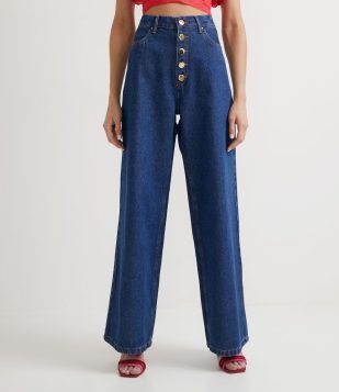  Calça Wide Leg Jeans com Botões Dourados Azul 