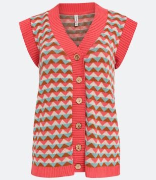  Colete Alongado em Tricô Geométrico e Abotoamento Laranja 