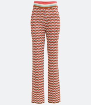  Calça Pantalona em Tricô Geométrico com Cós Elástico Listrado Multicores 