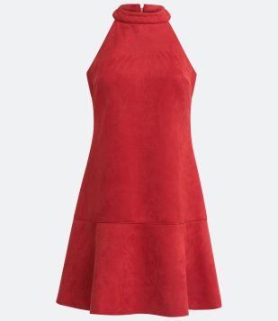  Vestido Curto em Suede com Gola Halter Sem Estampa Vermelho 