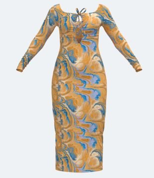  Vestido Midi em Tule com Estampa Abstrata com Amarração no Busto Multicores 