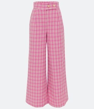  Calça Pantalona em Algodão com Cintura Alta e Padronagem Xadrez Rosa 