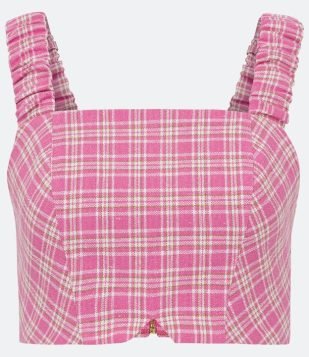  Blusa Regata Cropped em Algodão com Padronagem Xadrez Rosa 