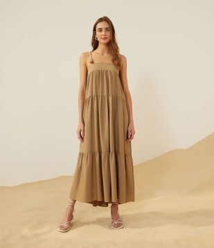  Vestido Amplo em Viscose com Babados e Alça de Corda com Aviamentos Marrom 