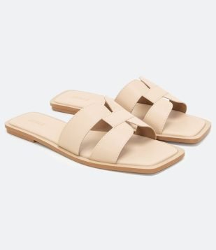  Rasteira Tiras em H e Bico Quadrado Bege 