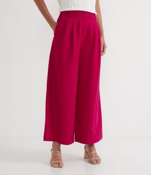  Calça Wide Leg em Algodão com Cós Largo e Pregas Frontais Rosa 