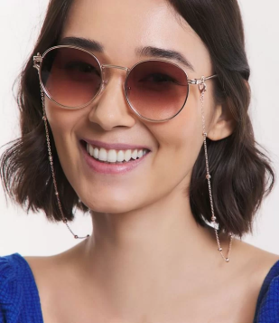 Óculos De Sol Redondo Com Corrente E Lente Degradê Dourado