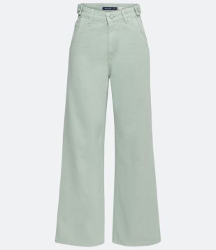  Calça Wide Leg em Sarja com Martingale no Cós e Bolsos Diferenciados Verde 