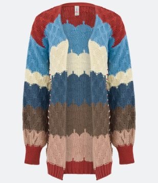  Cardigan Alongado em Tricô com Paronagem Listrada Multicores 