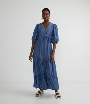  Vestido Longo em Liocel com Manga Bufante e Babados Azul 