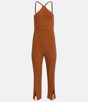  Macacão Longo em Ribana com Fenda na Barra Marrom 