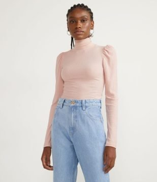  Blusa em Ribana com Gola Alta e Manga Bufante Rosa 
