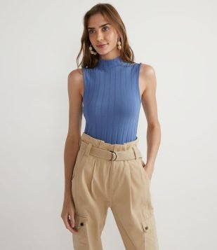  Blusa Regata em Viscose Canelada com Gola Alta Azul 