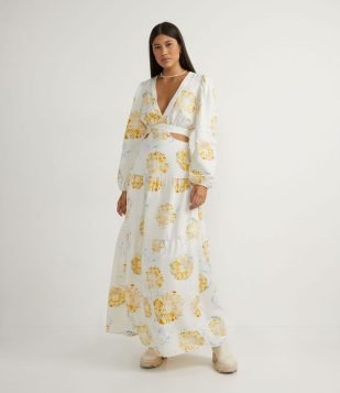  Vestido Longo em Viscolinho com Amarração e Estampa de Folhagem Branco 