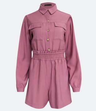  Macaquinho em Viscose com Elástico na Cintura e Bolsos Rosa 