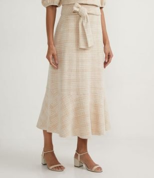  Saia Midi em Algodão Texturizada com Amarração na Cintura Rosa 