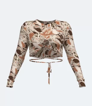 BLUSA CROPPED EM TULE COM ESTAMPA ABSTRATA E AMARRAÇÃO AO CORPO MARROM