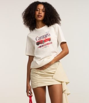 Camiseta Alongada em Algodão com Estampa Frente e Costas Camaro Branco