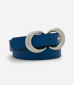 Cinto Médio em PU com Fivelas Dupla Circulares Azul