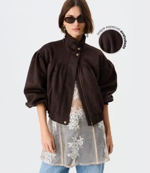 Jaqueta Bomber em Suede com Gola Alta e Elástico na Barra Marrom Escuro
